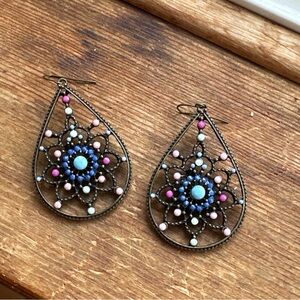 Bohemian Teardrop Earrings with Pink and Blue Beads